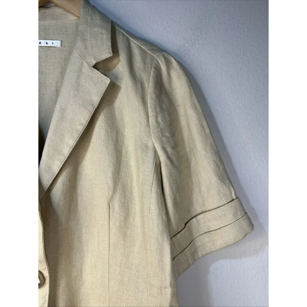 Cabi Tan 100% Linen One Button Academia blazer safari Jacket medium pleated #902 - Picture 3 of 11